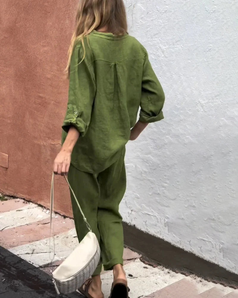 Emma Solid Color V-Neck Cotton Linen Set