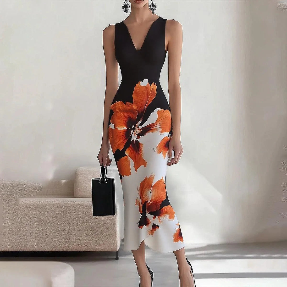 Elegant Floral Print Sleeveless Maxi Dress