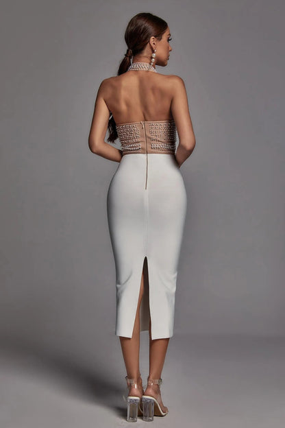 Layla Elegant Beige Pearl Halter Dress