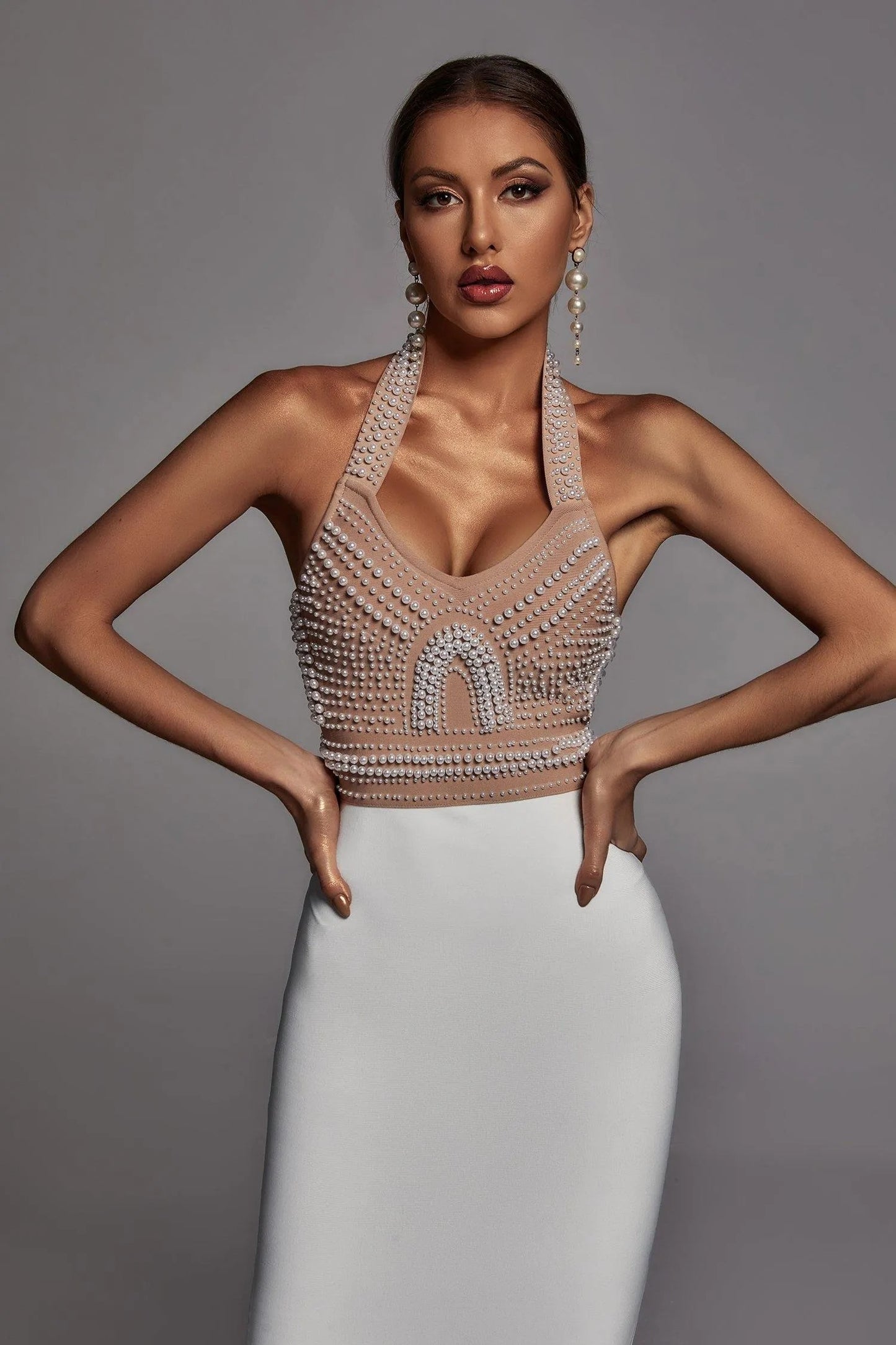Layla Elegant Beige Pearl Halter Dress