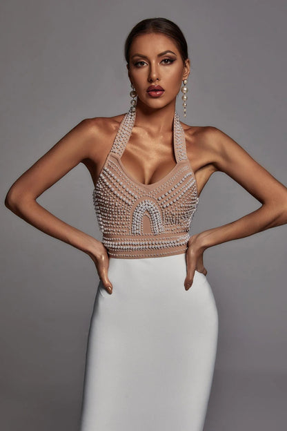 Layla Elegant Beige Pearl Halter Dress