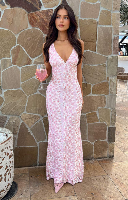 Eliza Elegant Pink Lace Maxi Dress