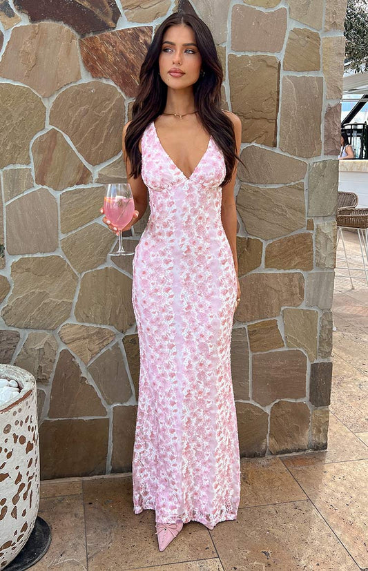 Eliza Elegant Pink Lace Maxi Dress