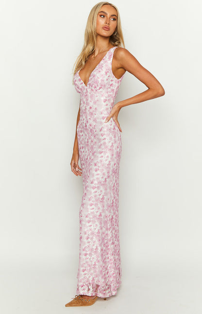 Eliza Elegant Pink Lace Maxi Dress