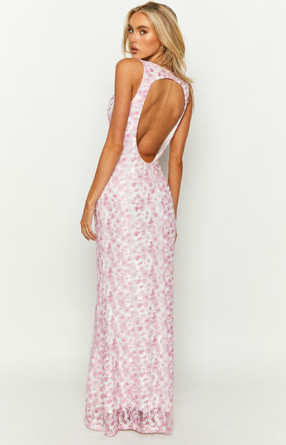Eliza Elegant Pink Lace Maxi Dress