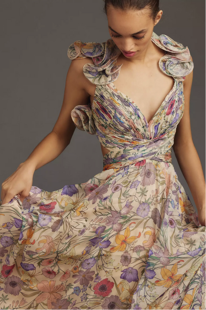 Emily Floral Lace-Up Backless Maxi Dress