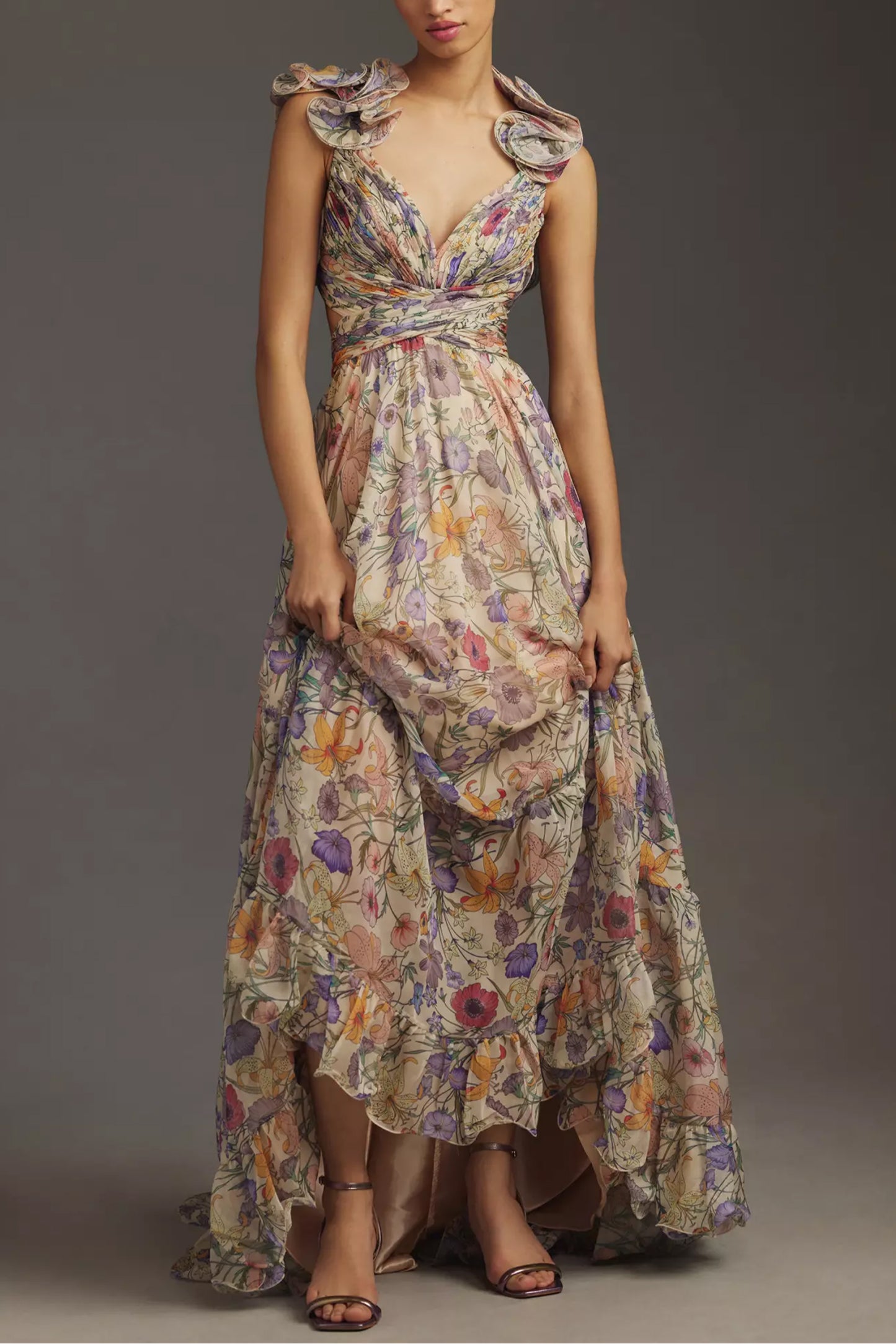 Emily Floral Lace-Up Backless Maxi Dress