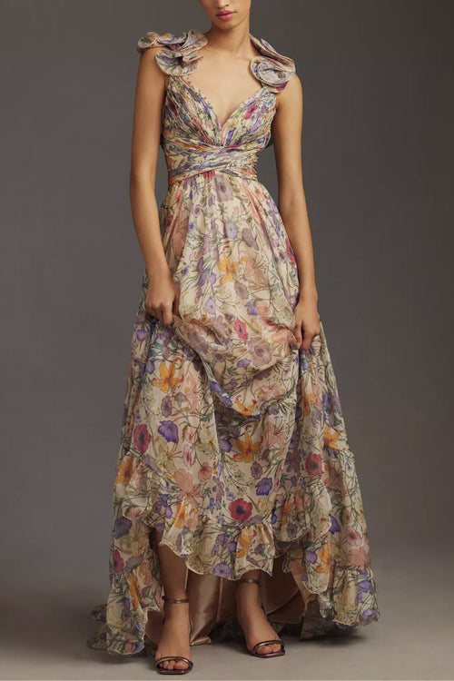 Emily Floral Lace-Up Backless Maxi Dress