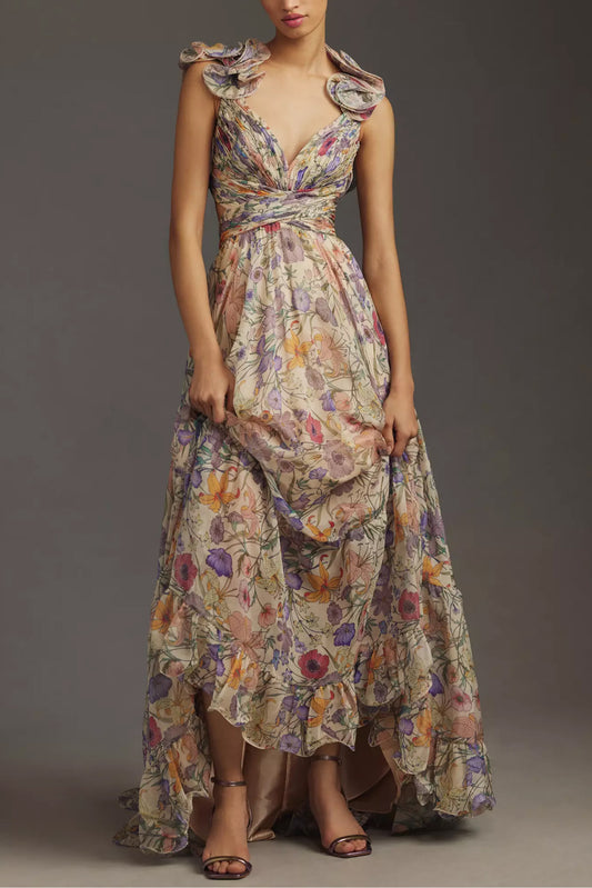 Emily Floral Lace-Up Backless Maxi Dress