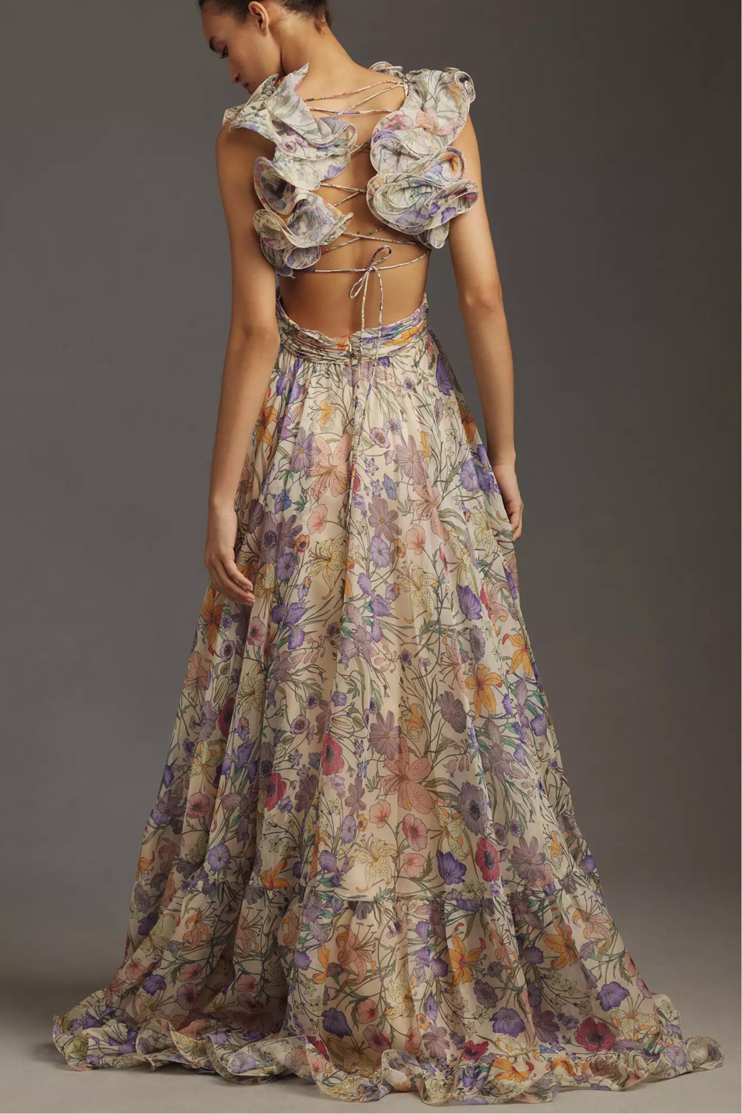 Emily Floral Lace-Up Backless Maxi Dress