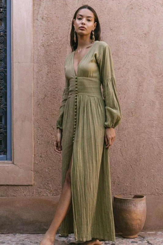 Stella Stylish V-Neck Lantern Sleeve Dress