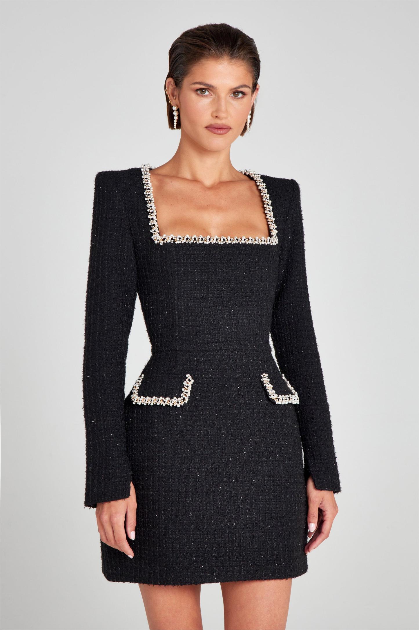 Hannah Elegant Tweed Faux Pearl Mini Dress