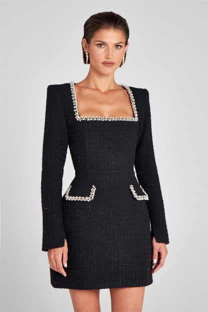 Hannah Elegant Tweed Faux Pearl Mini Dress