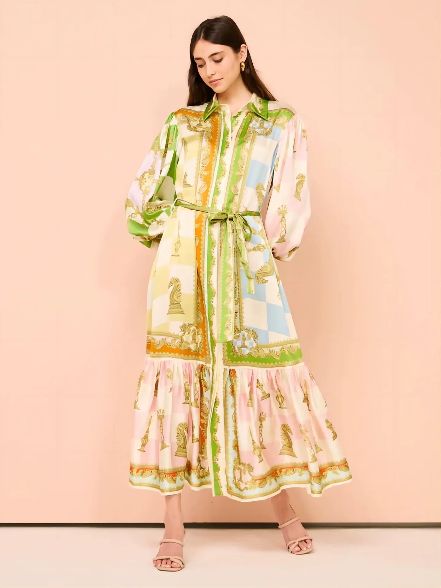 Julia Elegant Satin Shirt Maxi Dress with Balloon Sleeves