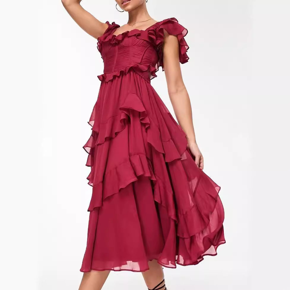 Mia Elegant Square Neck Ruffle Backless Dress