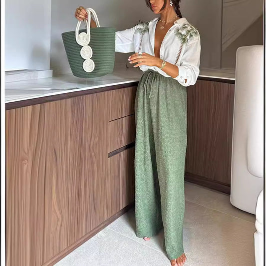 Nia Stylish Tropical Calling Blouse & Pocket Pants Set