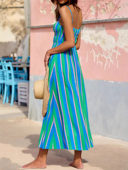 Nora Linen Blend Stripe Elastic Bodice Midi Dress