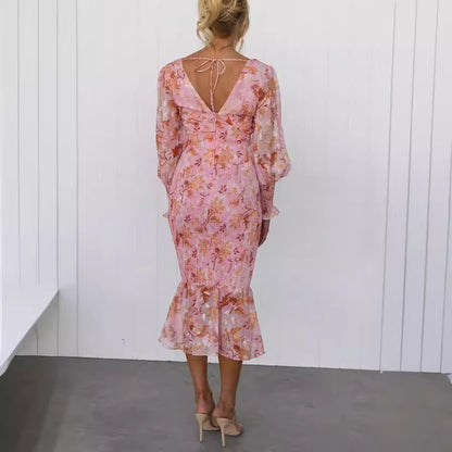 Julia Elegant Floral Smocked Waist Midi Dress