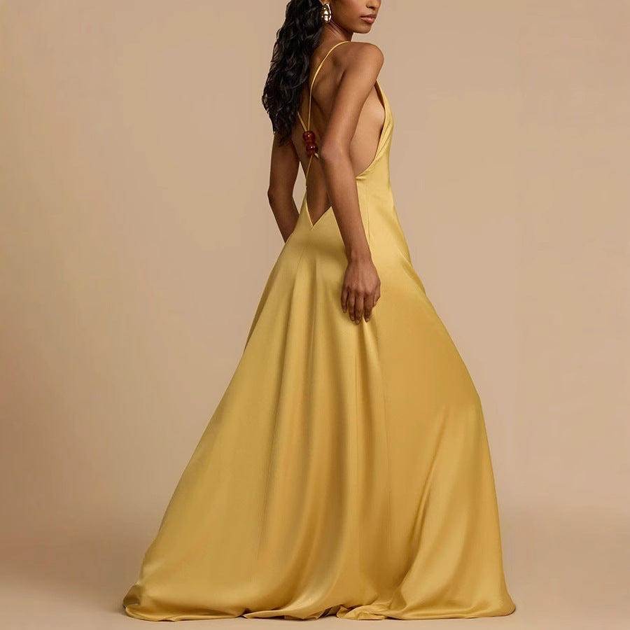 Natalie Elegant V-Neck Backless Maxi Dress with Resin Beads