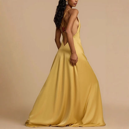 Natalie Elegant V-Neck Backless Maxi Dress with Resin Beads