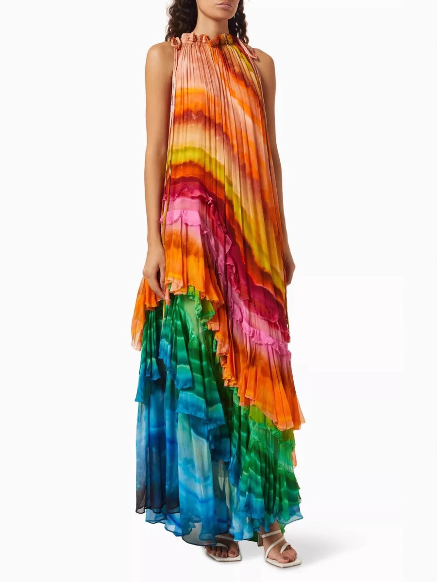 Stella Elegant Tie-Dye Print Layered Ruffles Dress