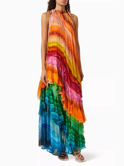 Stella Elegant Tie-Dye Print Layered Ruffles Dress