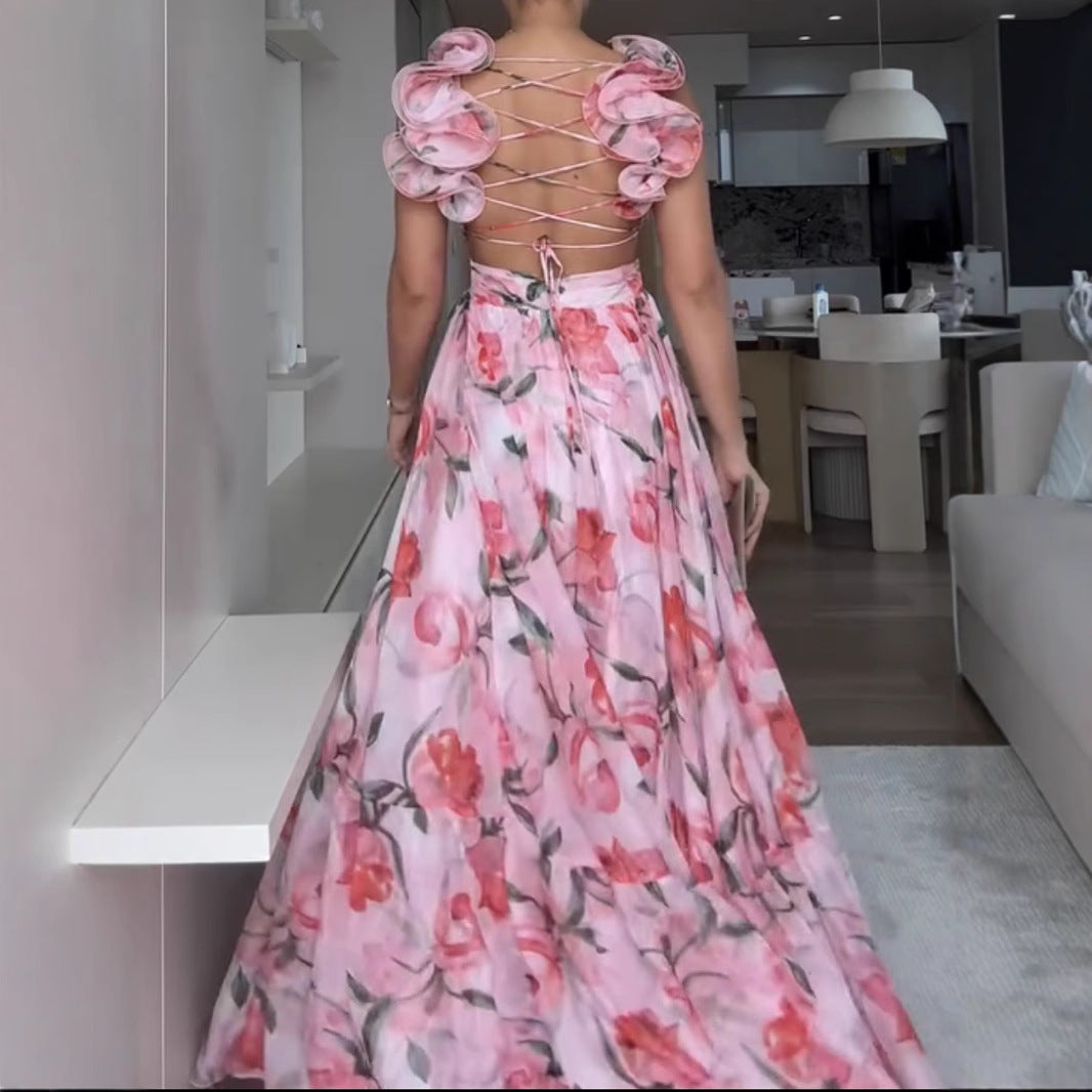 Lucy Elegant Tulle Floral Back Lace-Up Dress
