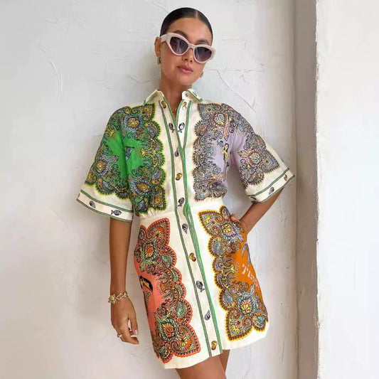 Alice Mermaid Print Button-Down Shirt Mini Dress