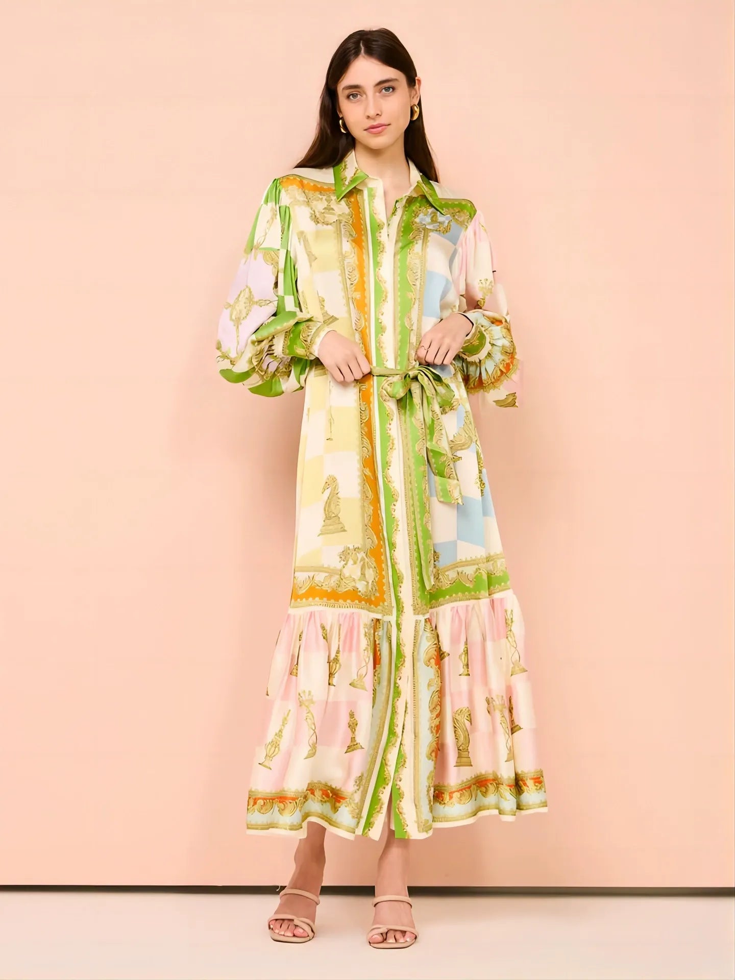 Julia Elegant Satin Shirt Maxi Dress with Balloon Sleeves