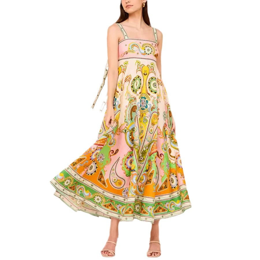 Leila Stylish Linen Blend Tie-Up Strap Maxi Dress