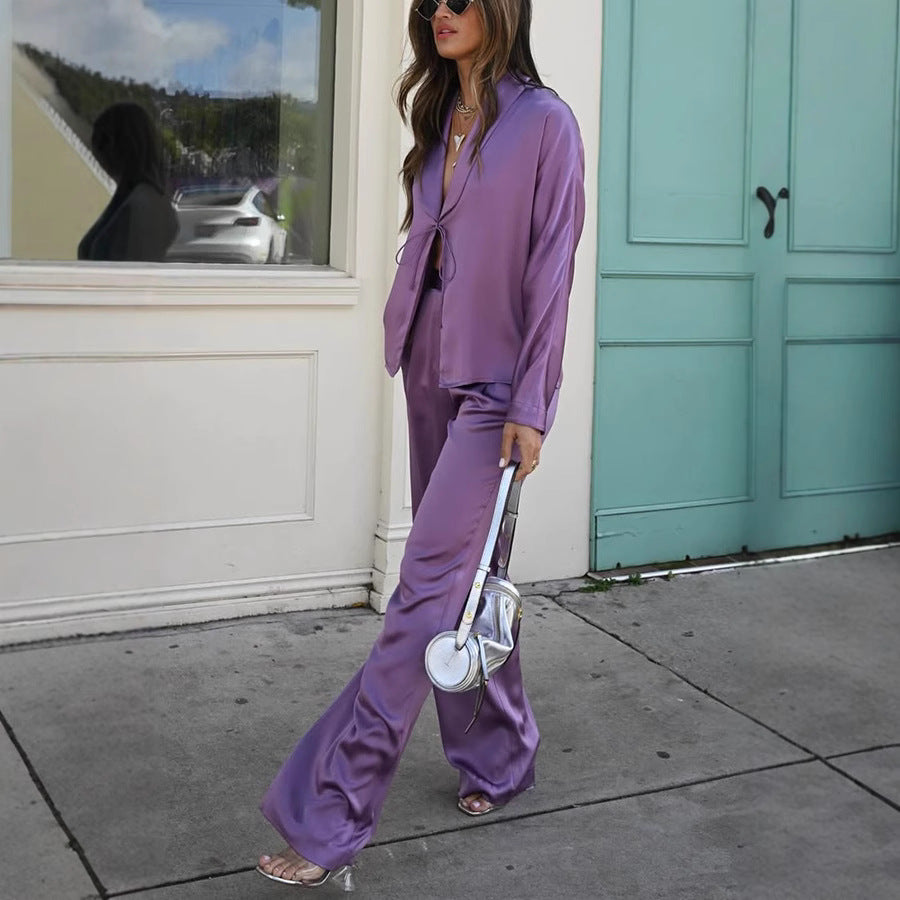 Lila Elegant Satin Lace-Up Blouse & Loose Pants Set