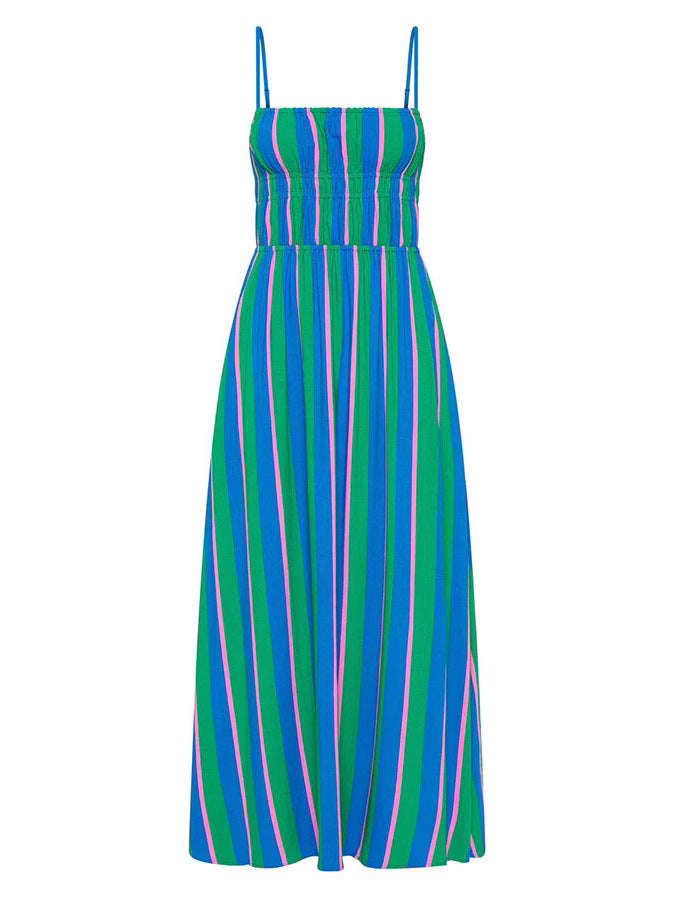 Nora Linen Blend Stripe Elastic Bodice Midi Dress