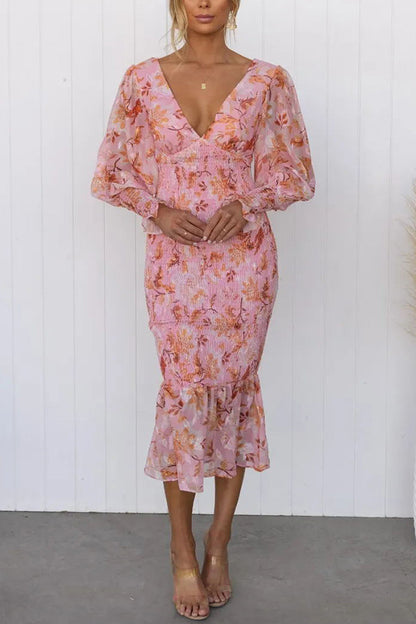 Julia Elegant Floral Smocked Waist Midi Dress