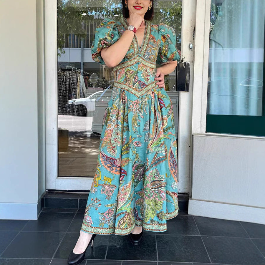 Amelia Stylish Linen Blend Puff Sleeve Maxi Dress