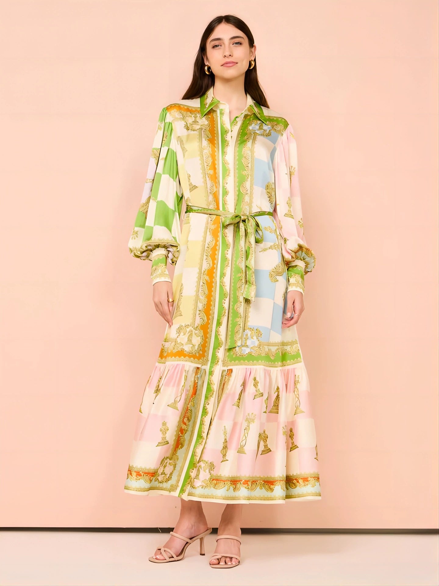 Julia Elegant Satin Shirt Maxi Dress with Balloon Sleeves