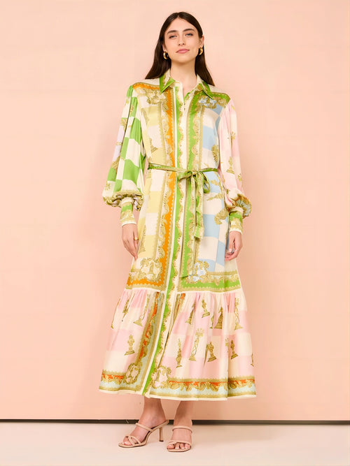 Julia Elegant Satin Shirt Maxi Dress with Balloon Sleeves