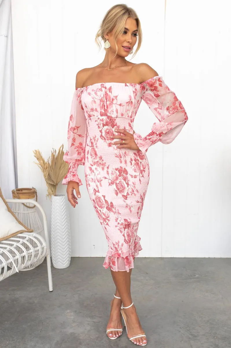 Iris Elegant Floral Off-Shoulder Smocked Waist Dress