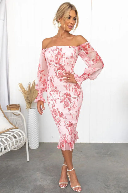 Iris Elegant Floral Off-Shoulder Smocked Waist Dress