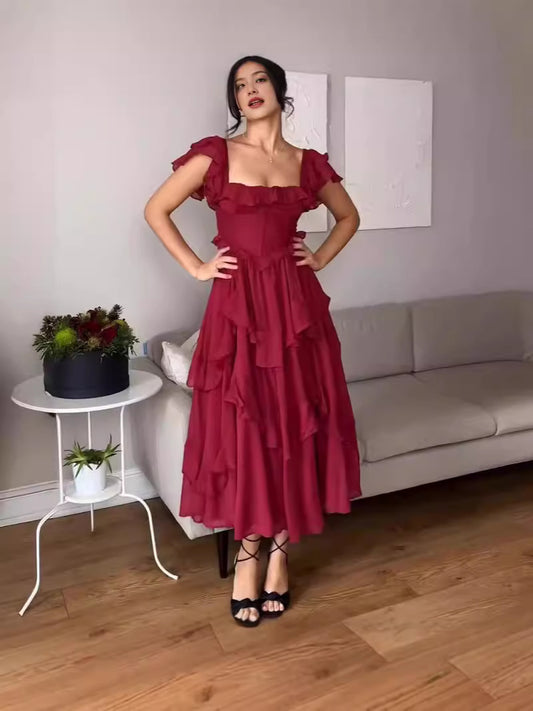 Mia Elegant Square Neck Ruffle Backless Dress