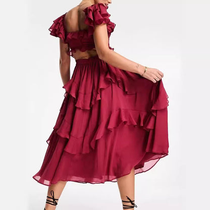 Mia Elegant Square Neck Ruffle Backless Dress