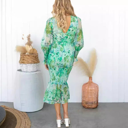 Julia Elegant Floral Smocked Waist Midi Dress