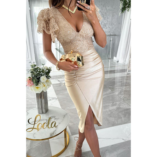Bella Elegant Lace and Satin Patchwork Midi Dress