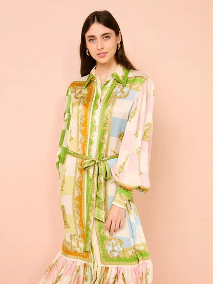 Julia Elegant Satin Shirt Maxi Dress with Balloon Sleeves