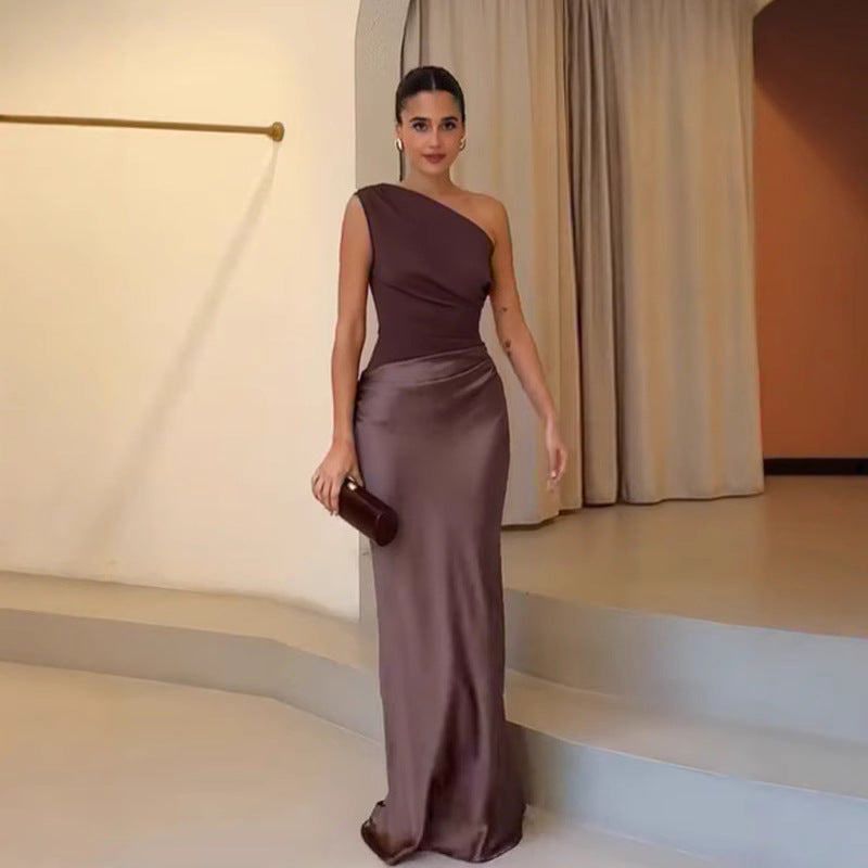 Faith Elegant One-Shoulder Ruched Satin Patchwork Dress