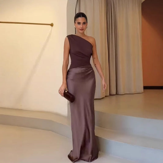 Faith Elegant One-Shoulder Ruched Satin Patchwork Dress