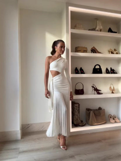 Mairi Elegant Cutout Tassel Trim Stretch Maxi Dress