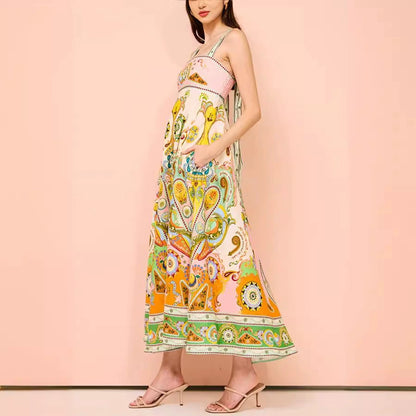 Leila Stylish Linen Blend Tie-Up Strap Maxi Dress