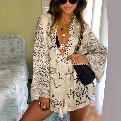 Lena  Stylish Satin Tassel Shirt & Elastic Waist Shorts