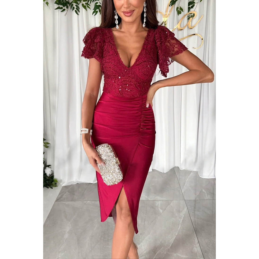 Bella Elegant Lace and Satin Patchwork Midi Dress