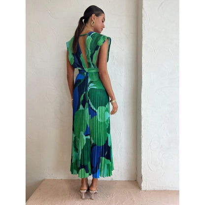 Lena Elegant V-Neck Back Cut-Out Printed Maxi Dress